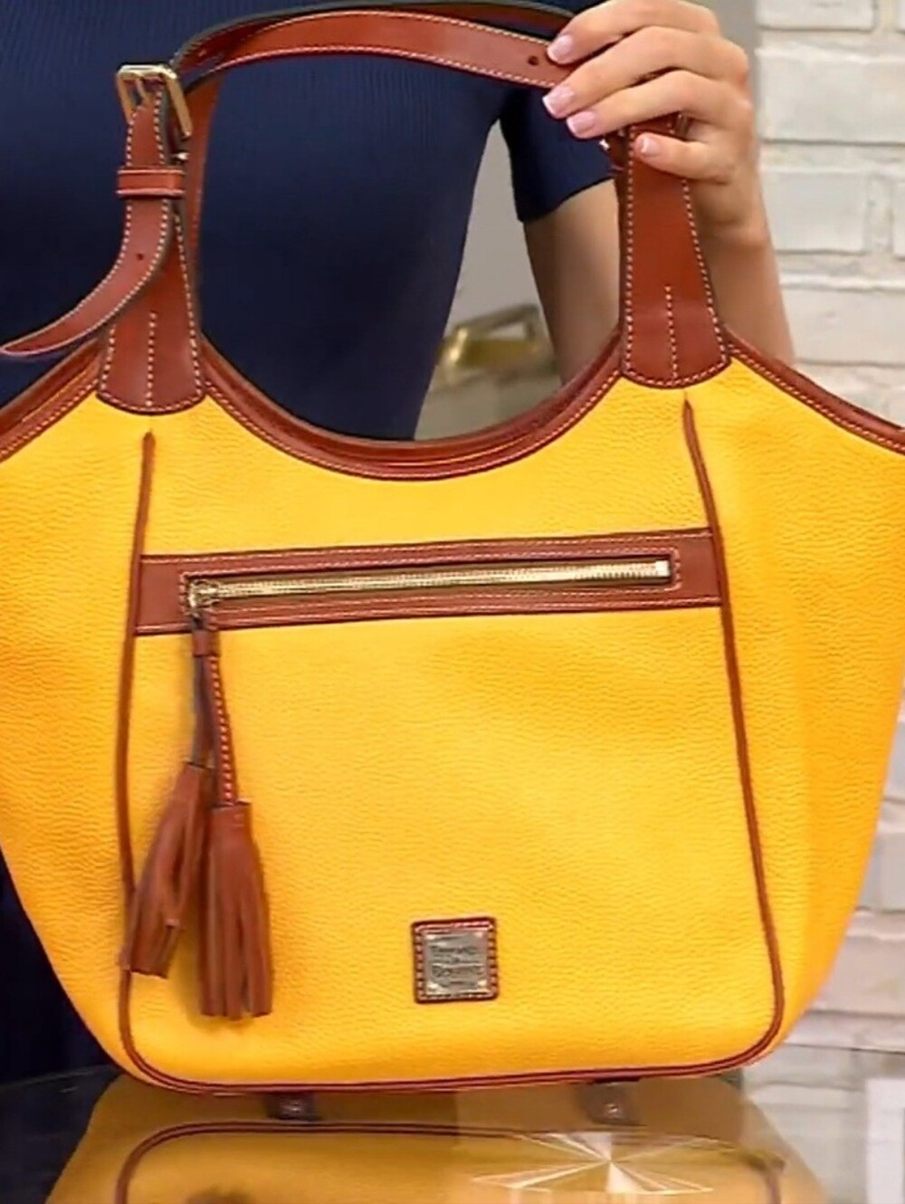 Authentic Dooney & Bourke Yellow Leather Tote with Brown Trim and Tassel